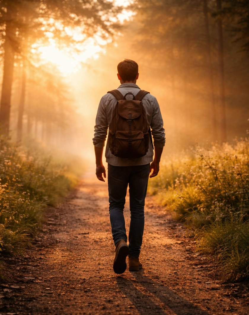 Personne marchant en forêt au lever du soleil, illustrant un parcours de développement personnel et transformation intérieure